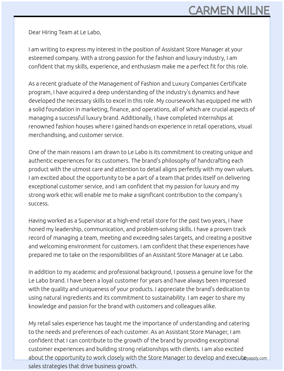 Assistant Store Manager  At Le Labo Cover Letter