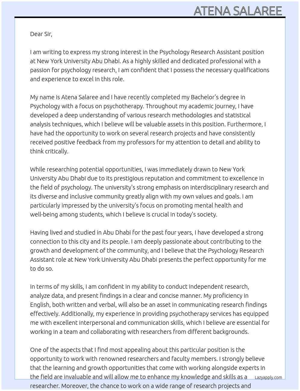 Psychology Research assistant  At New York University abu Dhabi  Cover Letter