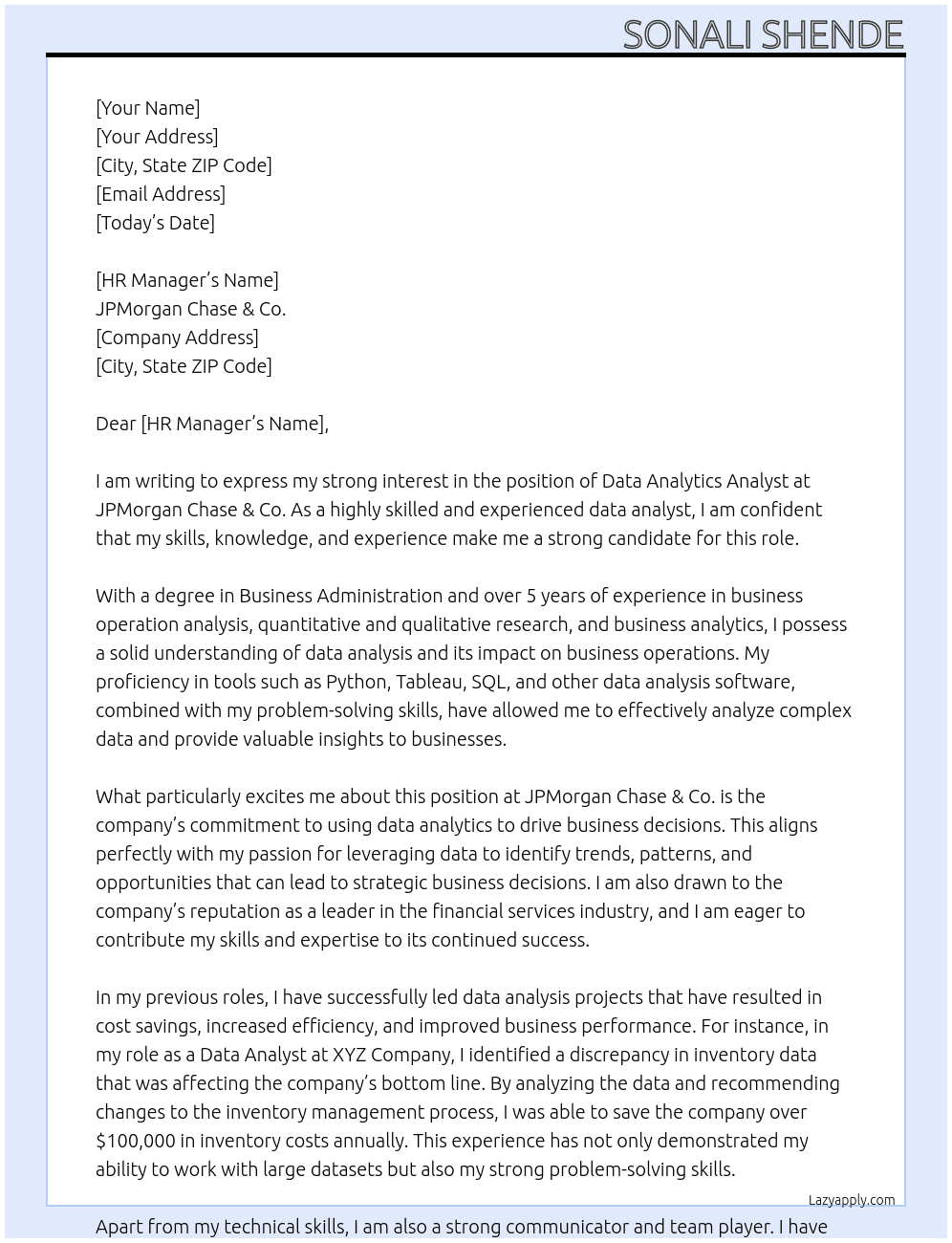 Data Analytics - Analyst At JPMorgan Chase & Co. Cover Letter