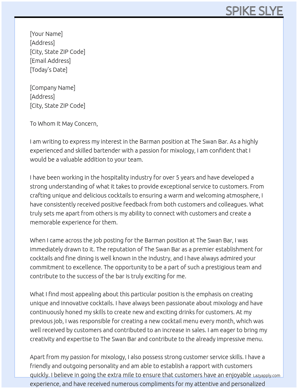 Barman At The Swan Bar Cover Letter