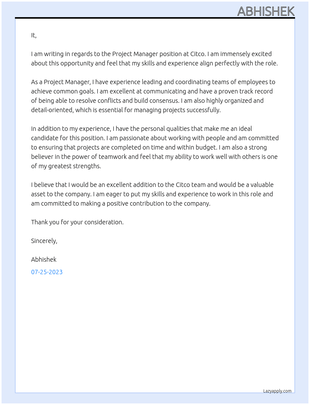 Project Manager, Vice President- Talent Acquisition At Citco Cover Letter
