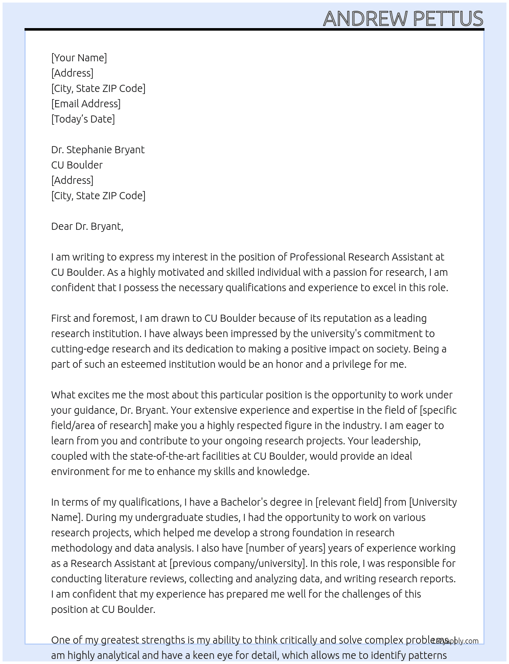 Professional Research Assistant At CU Boulder Cover Letter