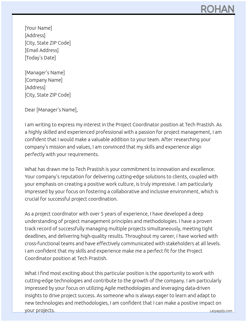 project coordinator  At tECH pRASTISH Cover Letter