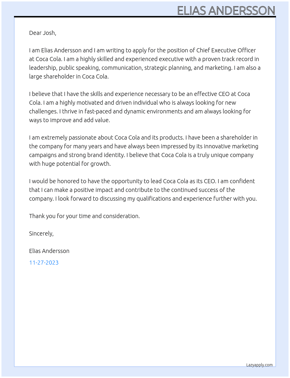 Chief Executive Officer At Coca Cola Cover Letter