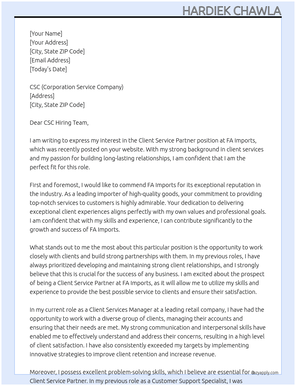  Client Service Partner At FA Imports  Cover Letter