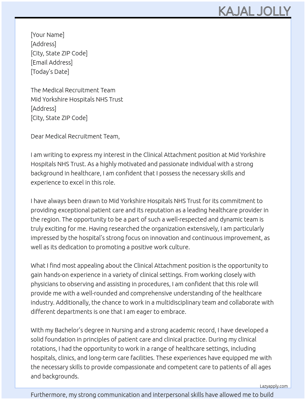Clinical Attachment At MID YORKSHIRE HOSPITALS NHS TRUST Cover Letter