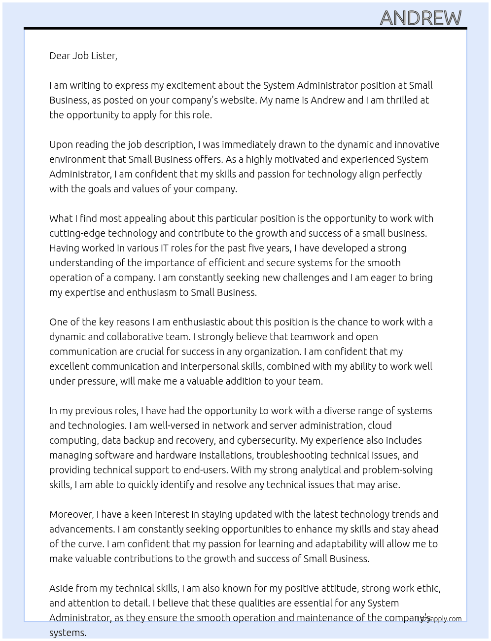 System Administrator  At Small Business Cover Letter