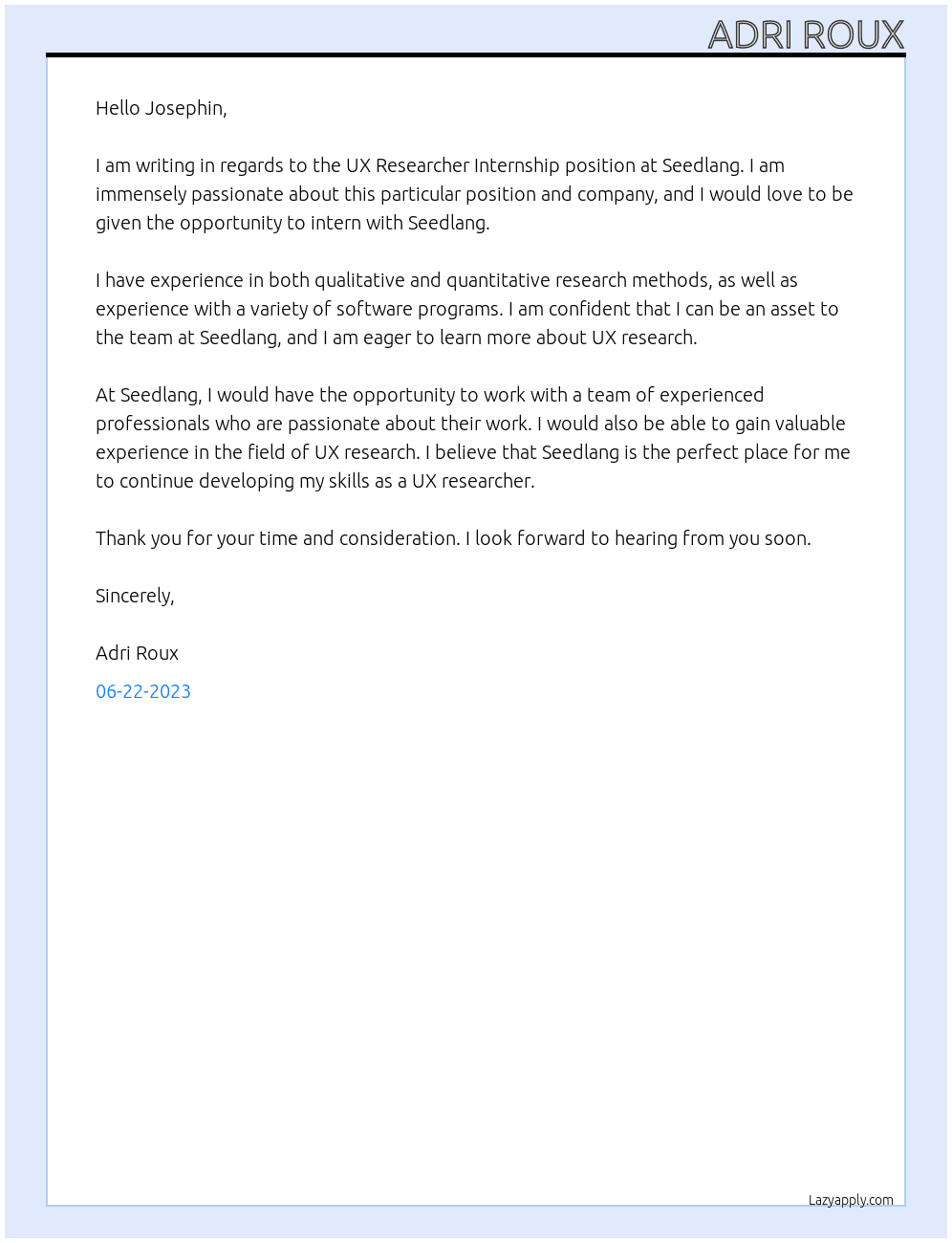UX Researcher Internship At Seedlang Cover Letter