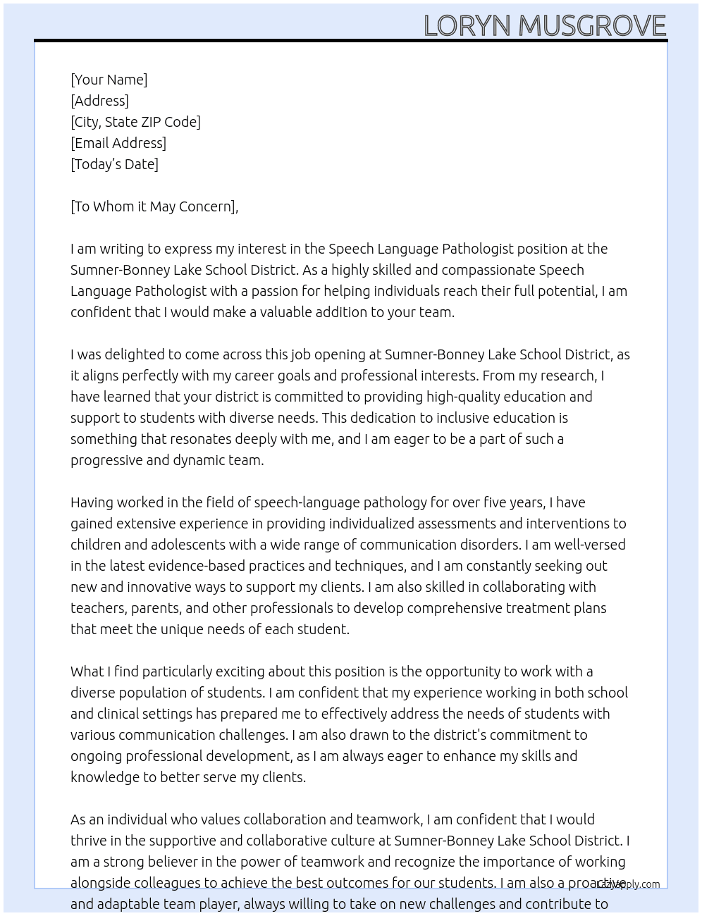 Speech Language Pathologist At Sumner-Bonney Lake School District Cover Letter