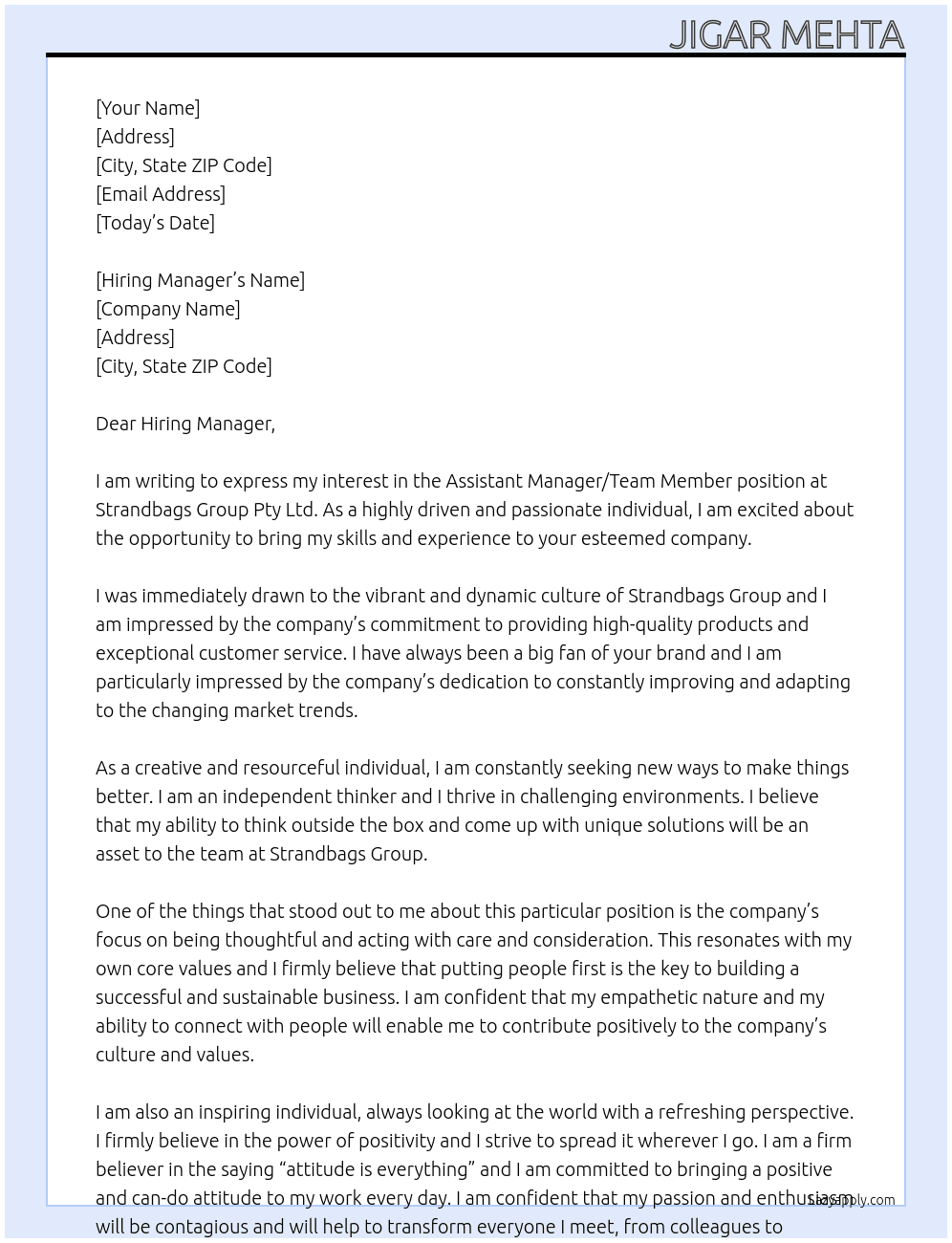 Assistant Manager/Team member At Strandbags Group Pty Ltd Cover Letter