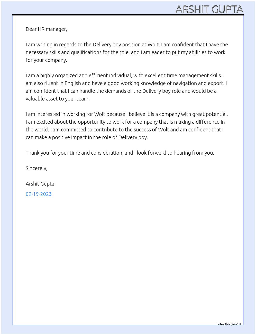 Delivery boy At Wolt Cover Letter