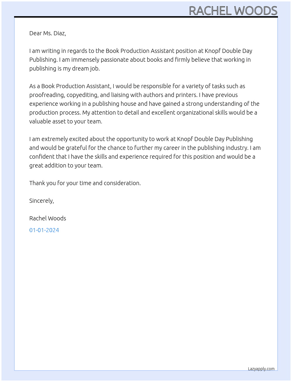 Book Production Assistant At Knopf Double Day Publishing Cover Letter