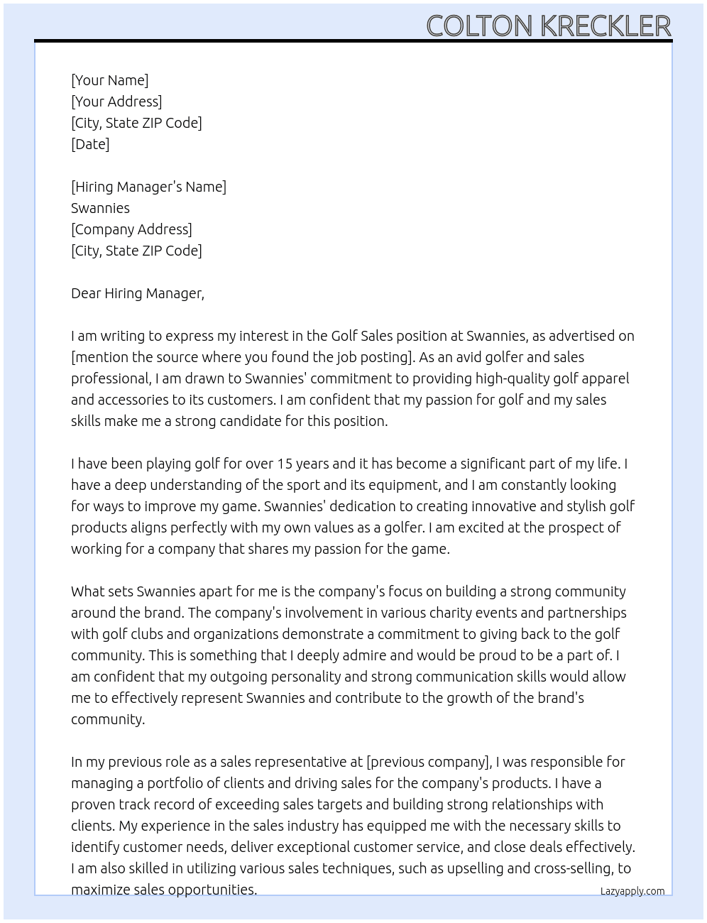 Golf Sales At Swannies Cover Letter