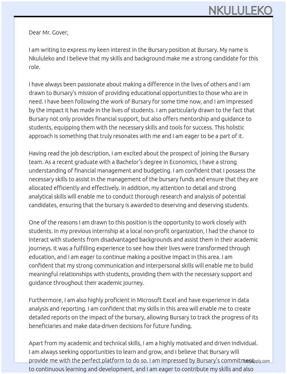 bursary At bursary Cover Letter