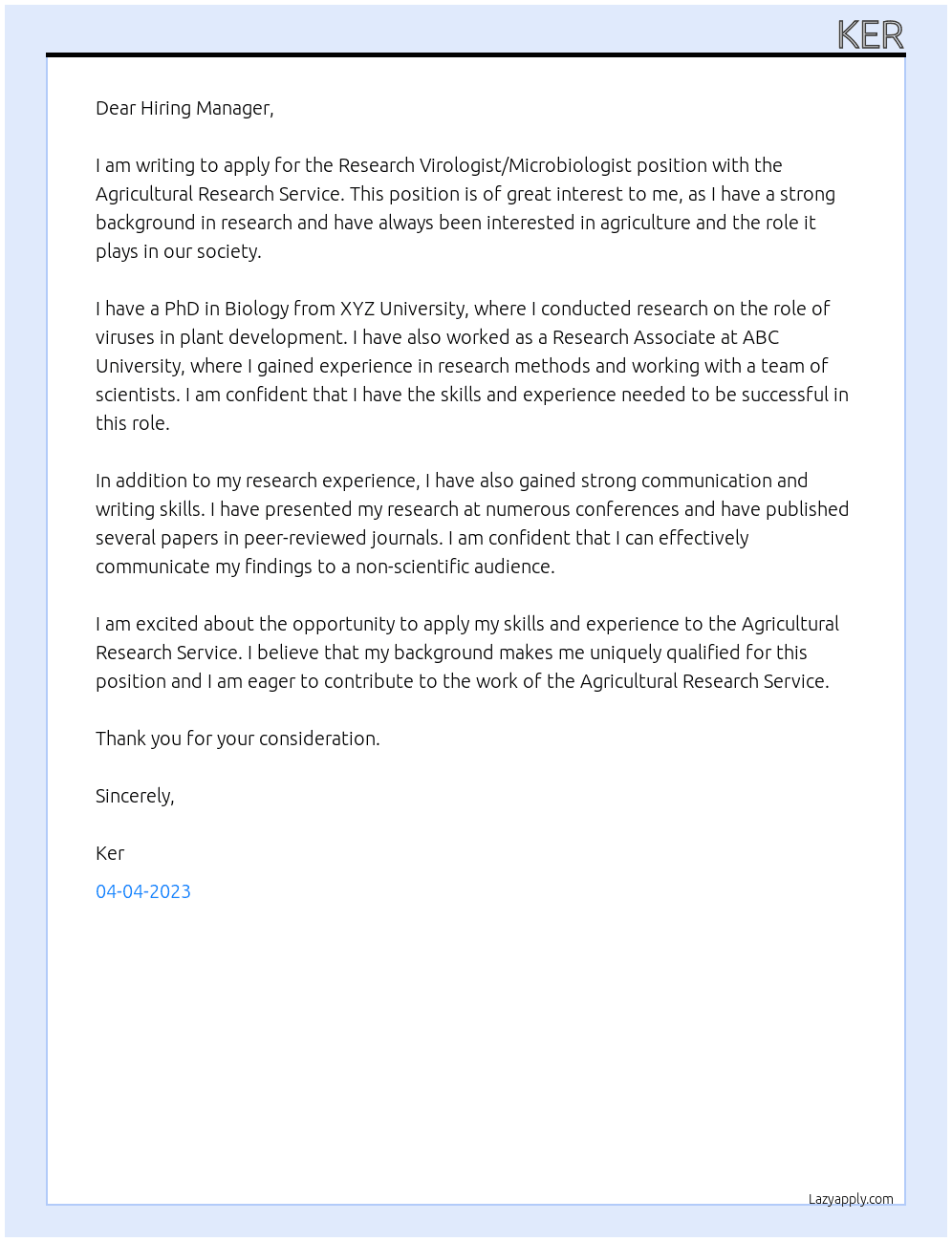RESEARCH VIROLOGIST/ MICROBIOLOGIST At agricultural research service Cover Letter