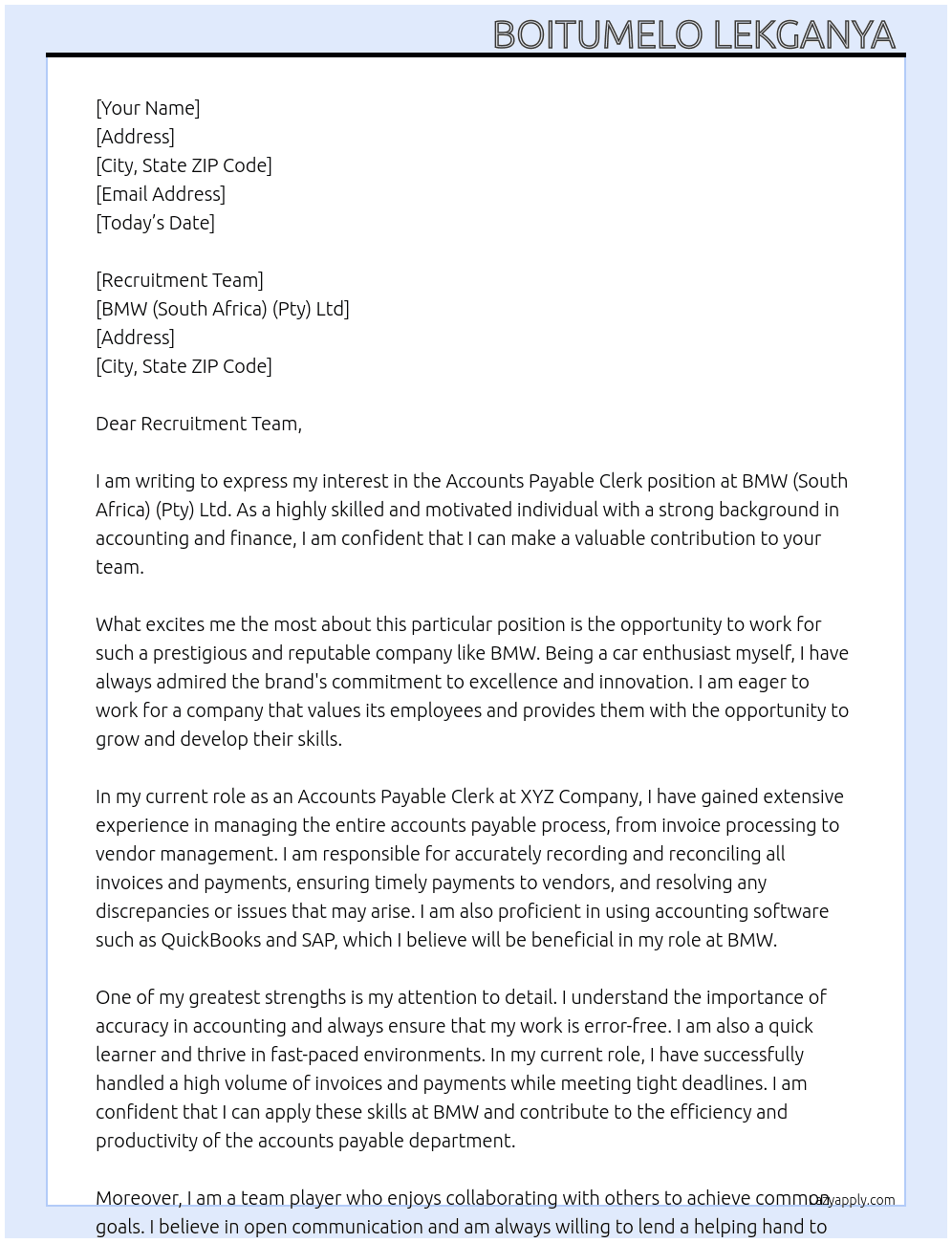 Accounts Payable Clerk At BMW (South Africa) (Pty) Ltd Cover Letter