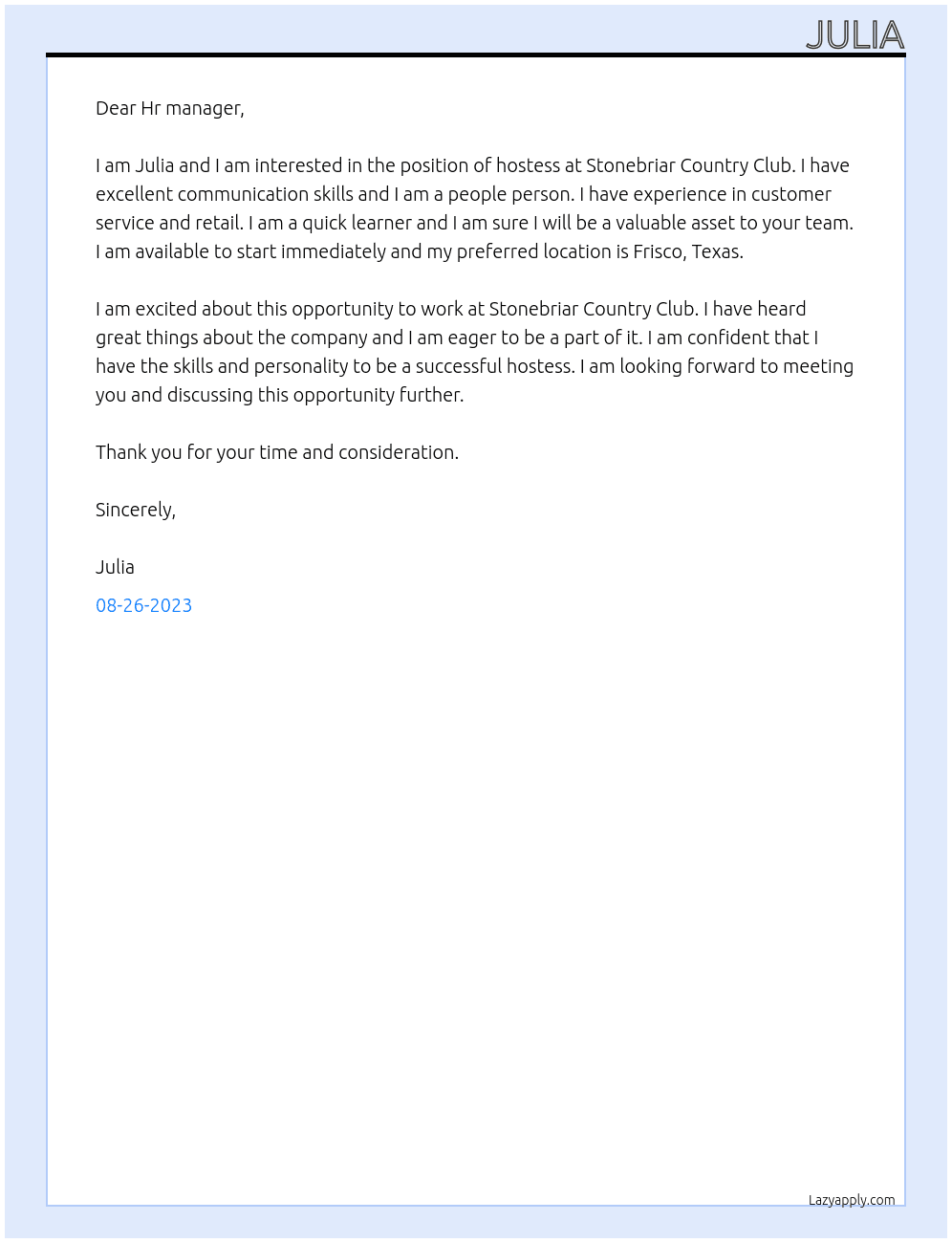 hostess At stonebriar country club Cover Letter