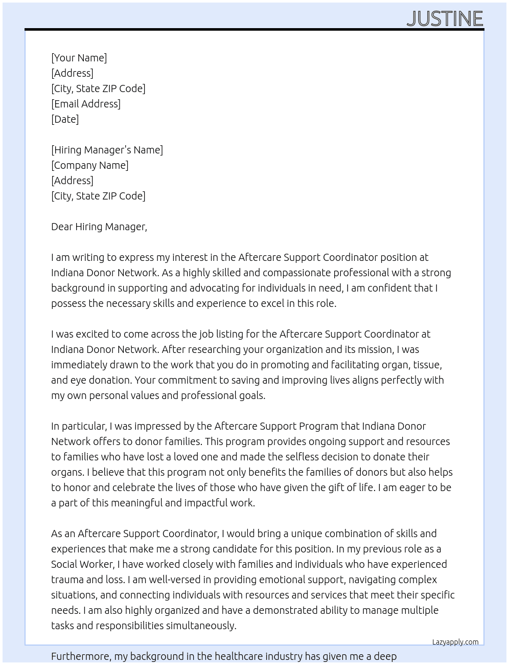 Aftercare Support Coordinator At Indiana Donor Network Cover Letter