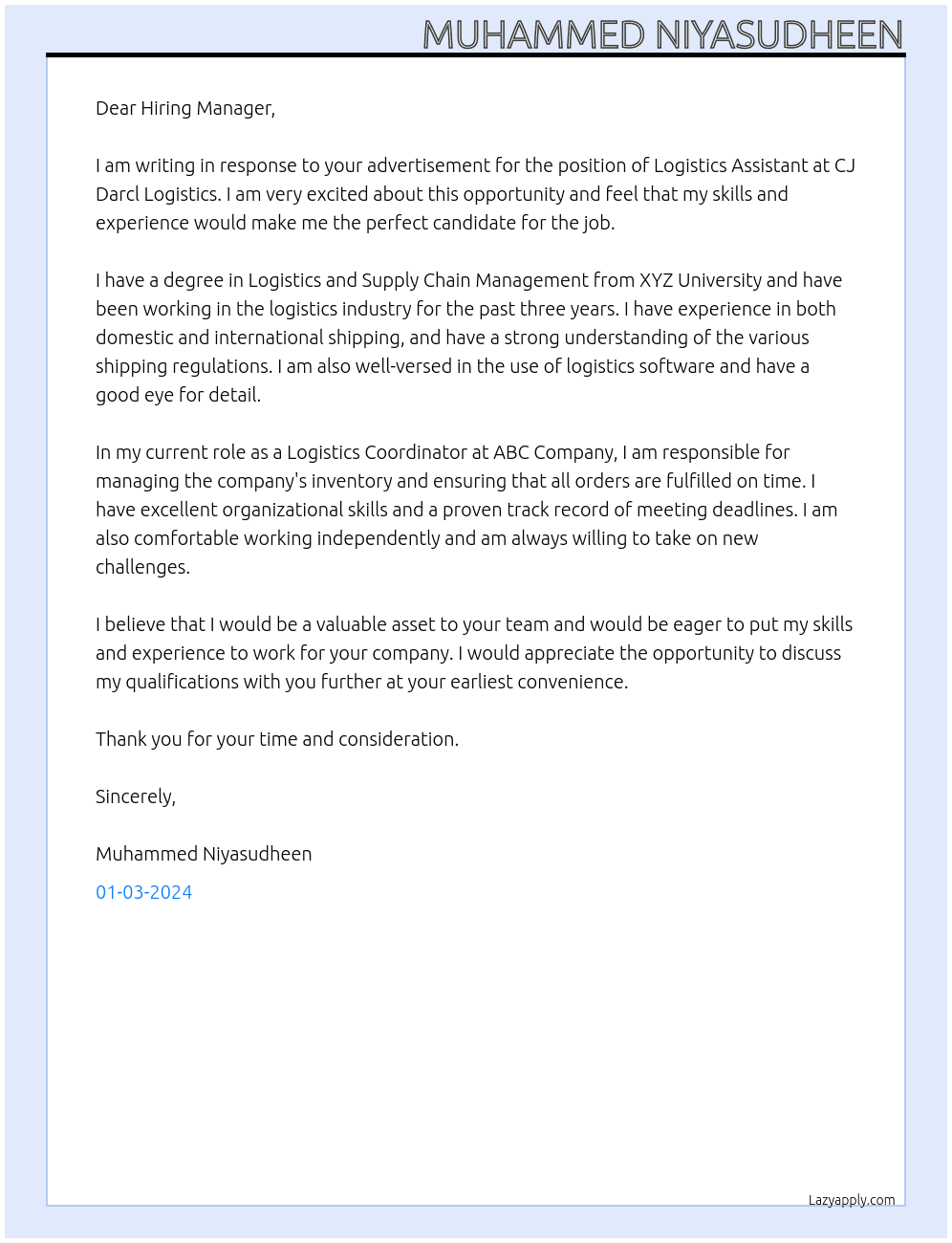 Logistics Assistant  At CJ Darcl Logistics  Cover Letter