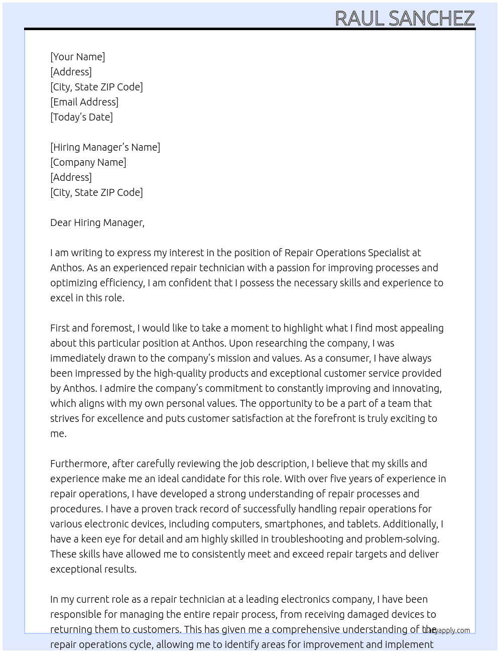 Repair Operations Specialist At Anthos Cover Letter