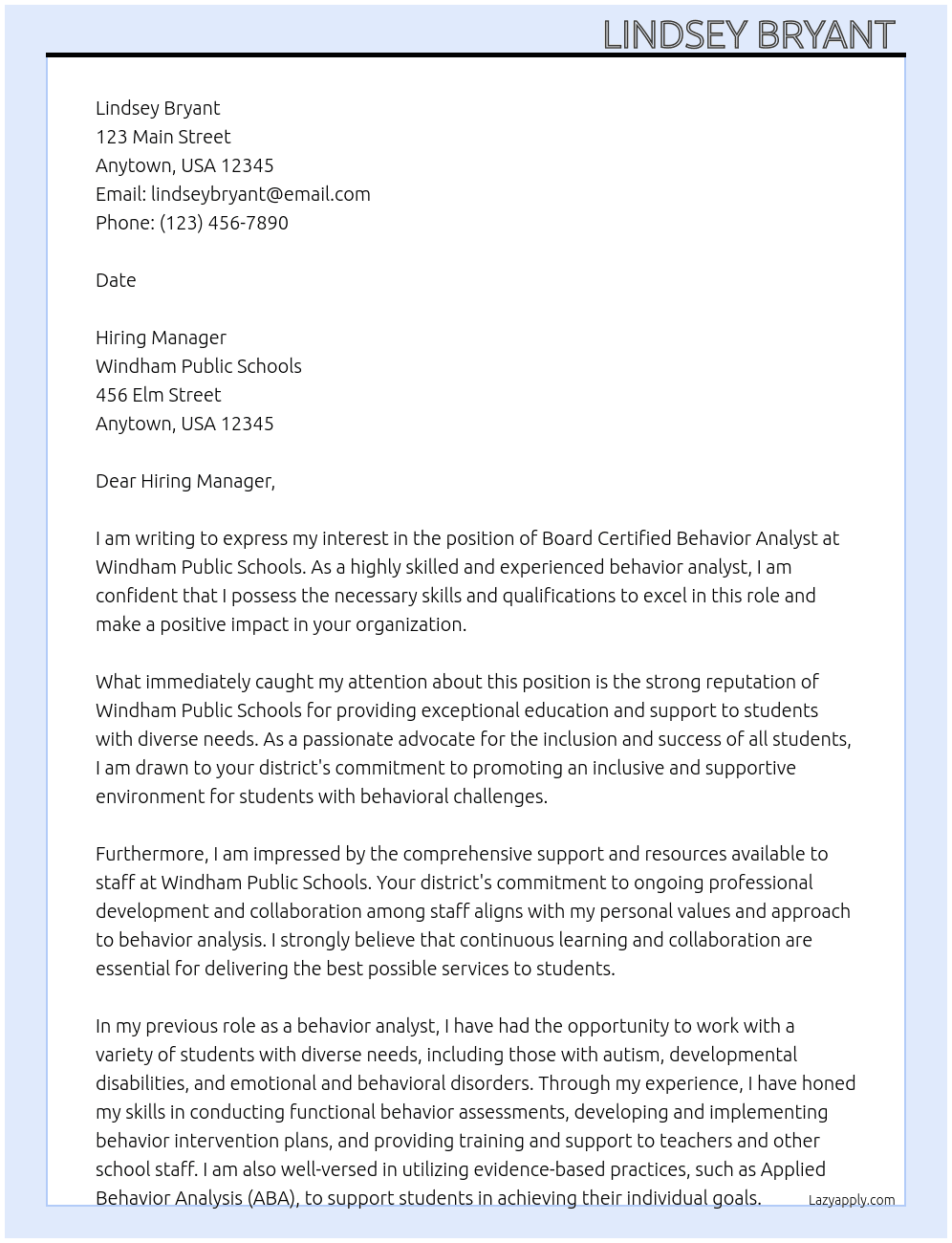 Board Certified Behavior Analyst  At Windham Public Schools  Cover Letter