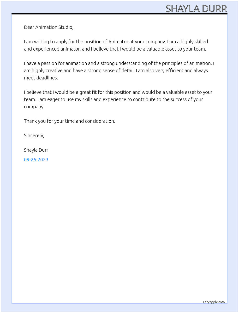 Animator At Animation Studio  Cover Letter