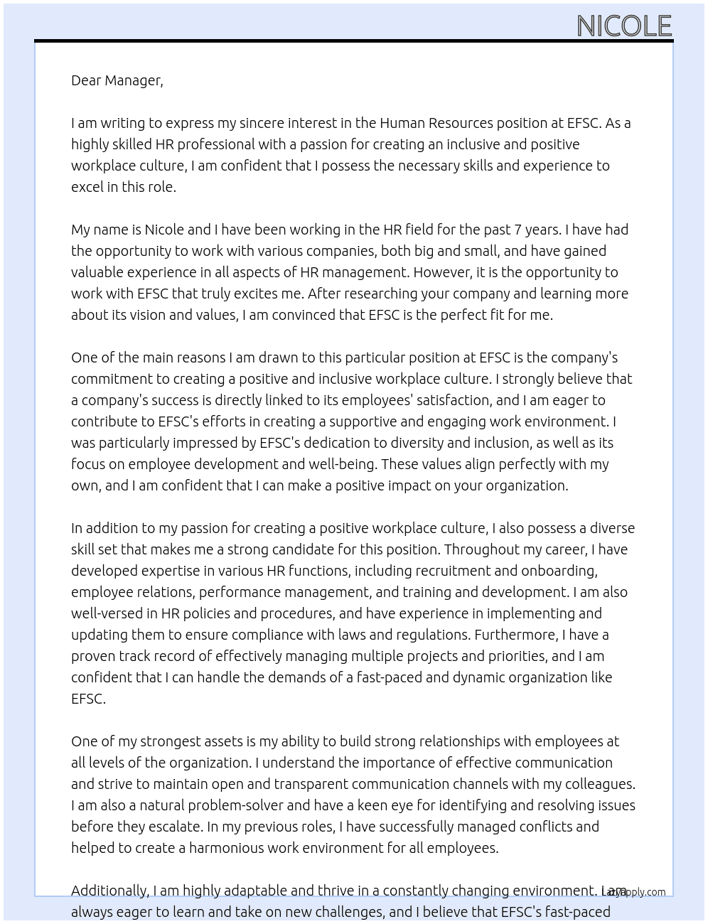 Human Resources At EFSC Cover Letter