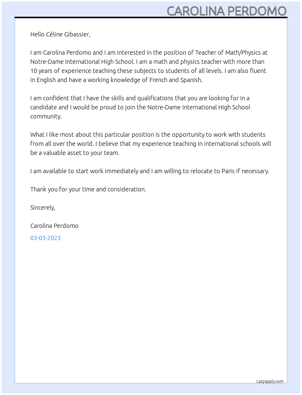 Teacher of Match/Physics At Notre-Dame International High School  Cover Letter