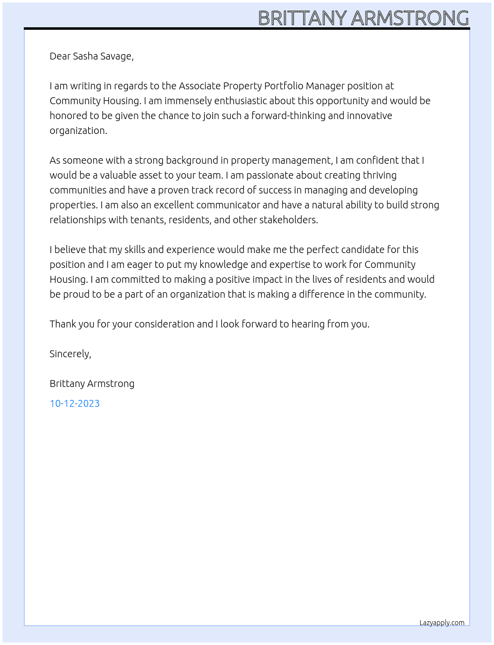 Associate Property Portfolio Manager At Community Housing Cover Letter