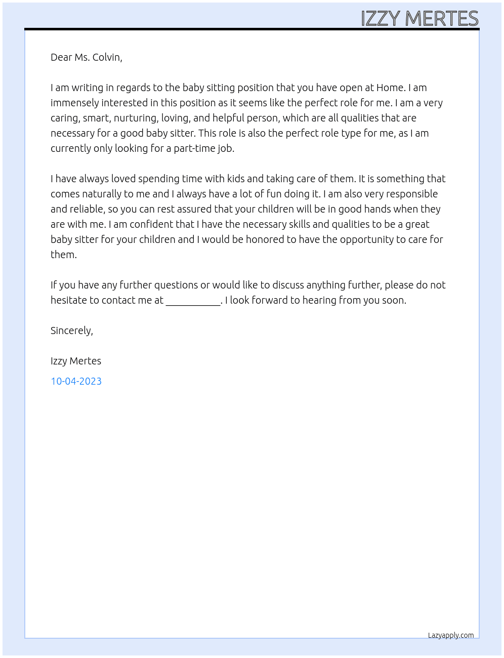 Baby sitting  At Home Cover Letter