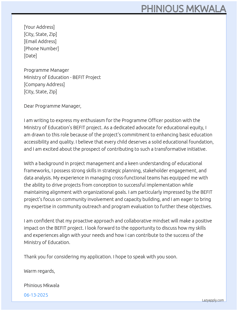 Programme officer At ministry of education basic education- BEFIT project Cover Letter