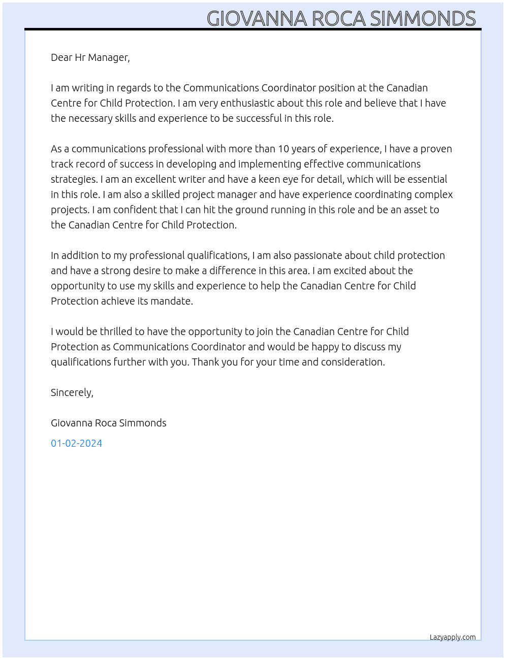 Communications Coordinator  At Canadian Centre for Child Protection Cover Letter