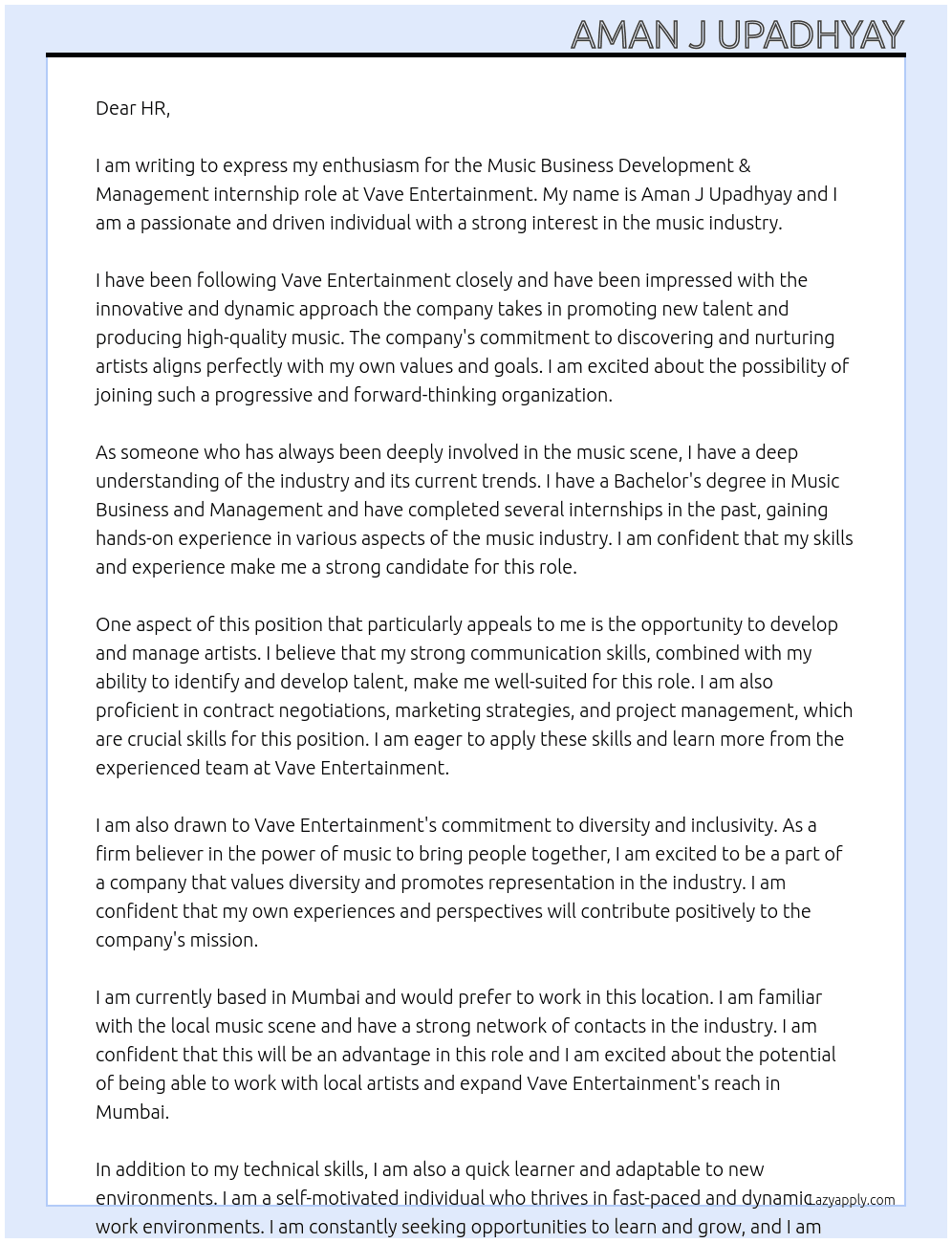 Music Business Development & Management At Vave Entertainment Cover Letter