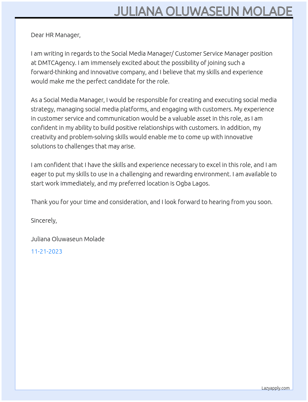 Social Media Manager/ Customer Service Manager At DMTCAgency Cover Letter