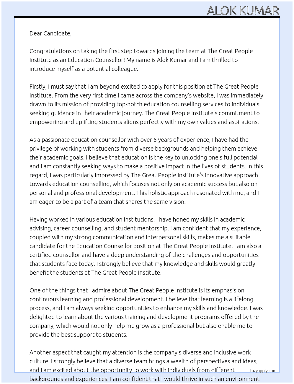 Education Counsellor At The Great People Institute Cover Letter