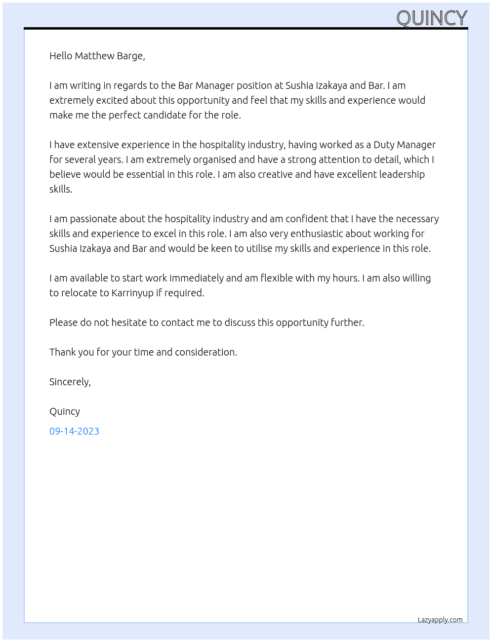 Bar Manager At Sushia Izakaya and Bar Cover Letter