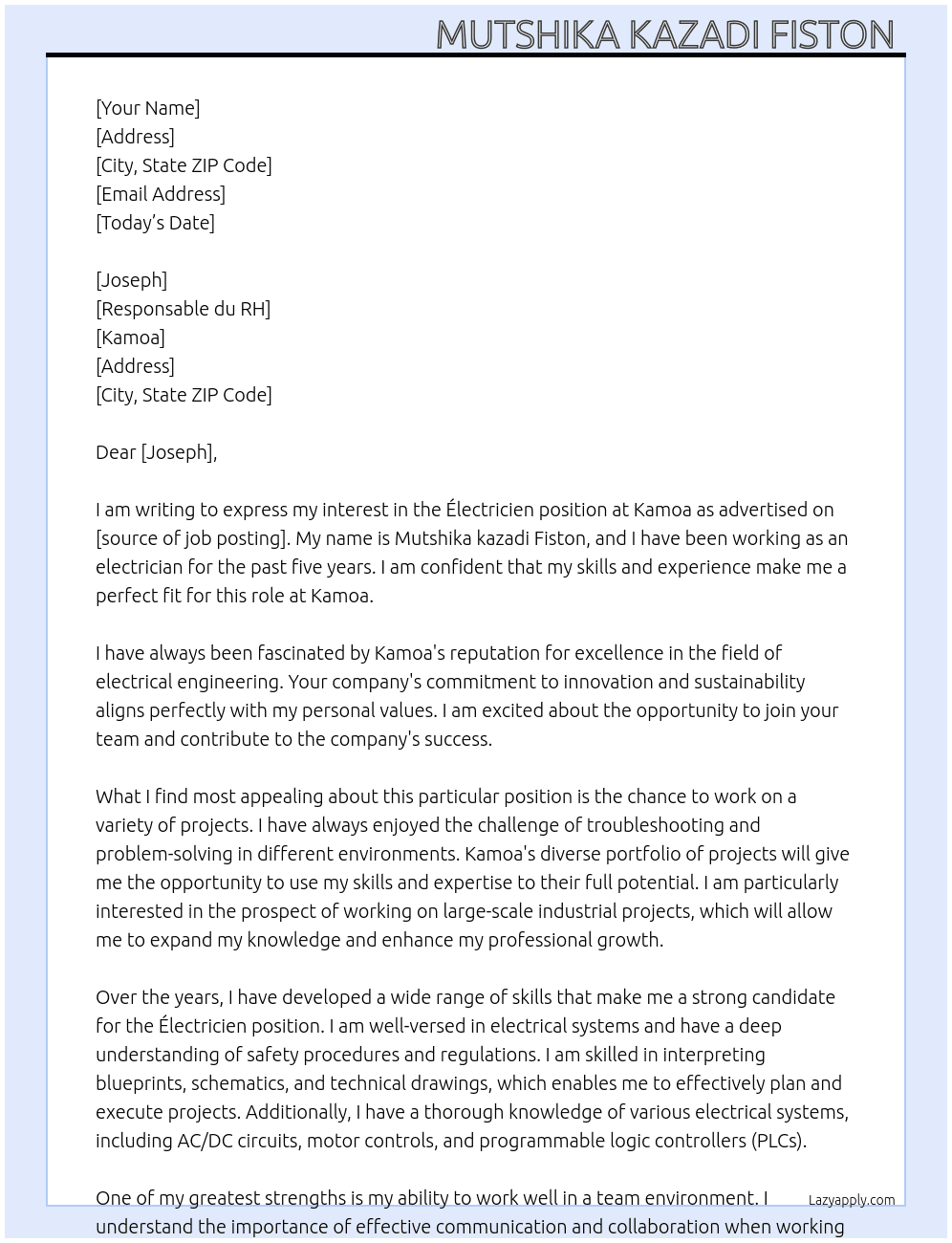 Électricien At Kamoa Cover Letter