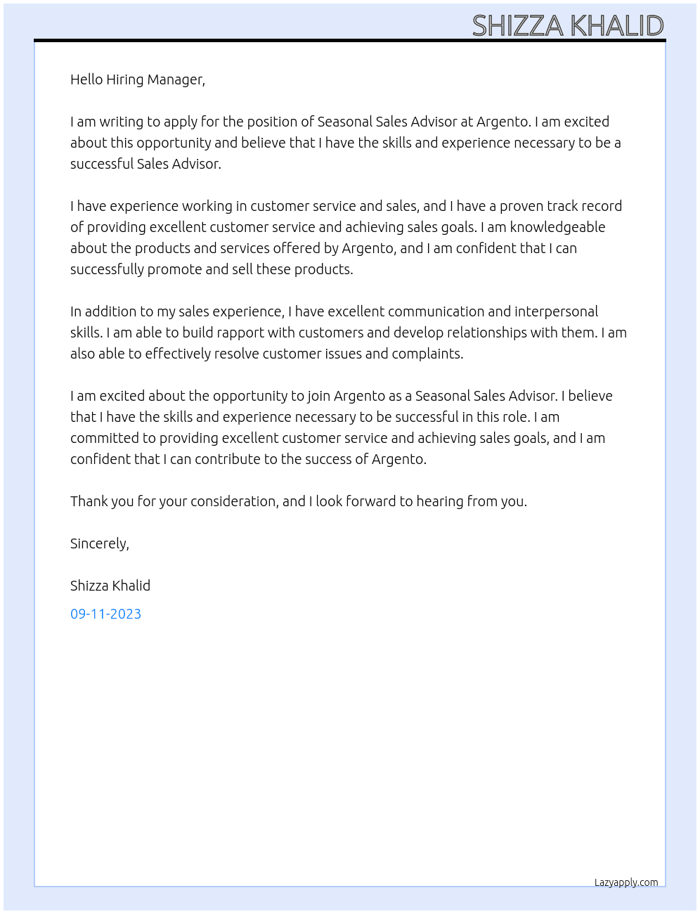 Seasonal sales advosor  At Argento Cover Letter