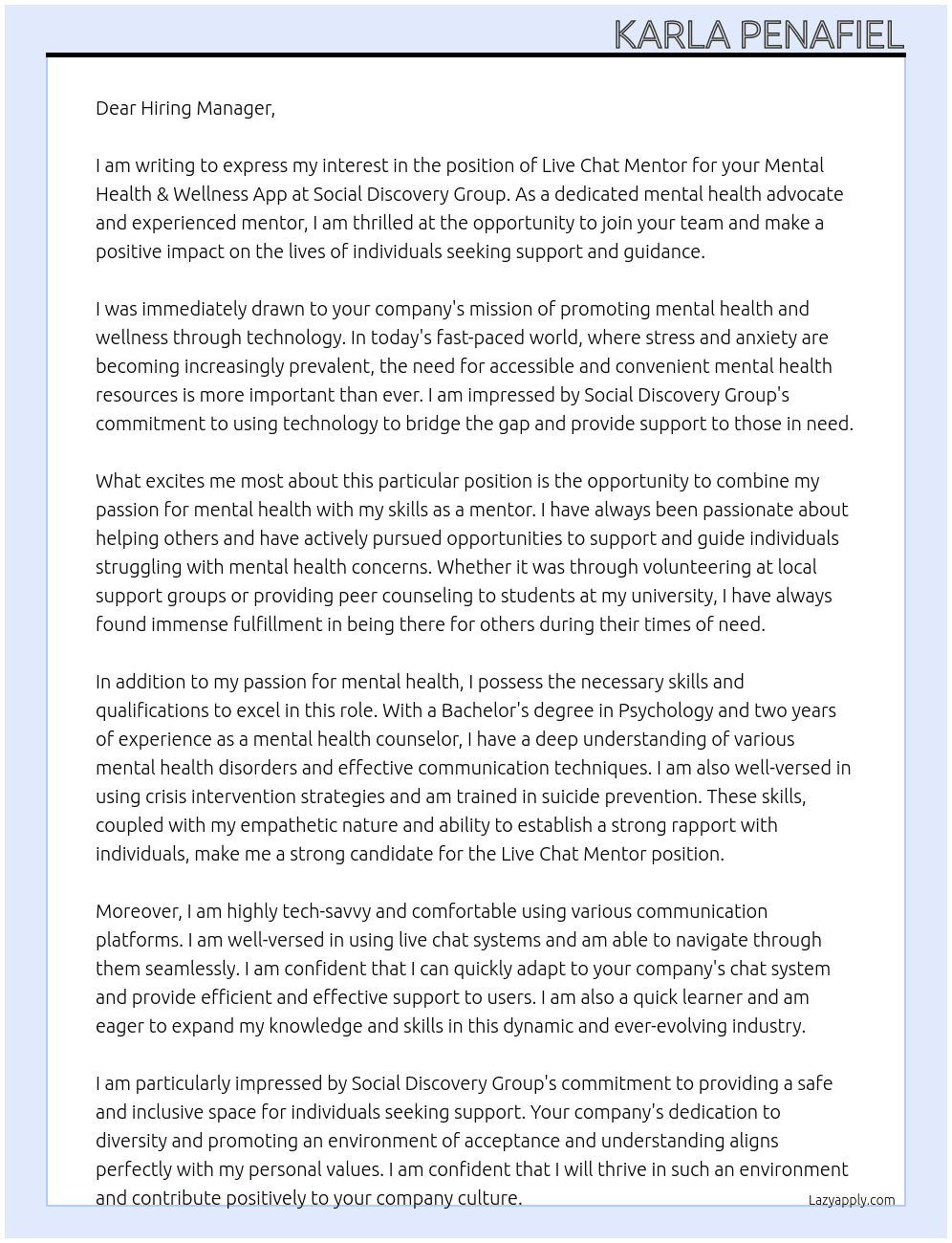 Live Chat Mentor (Mental Health & Wellness App) At Social Discovery Group Cover Letter