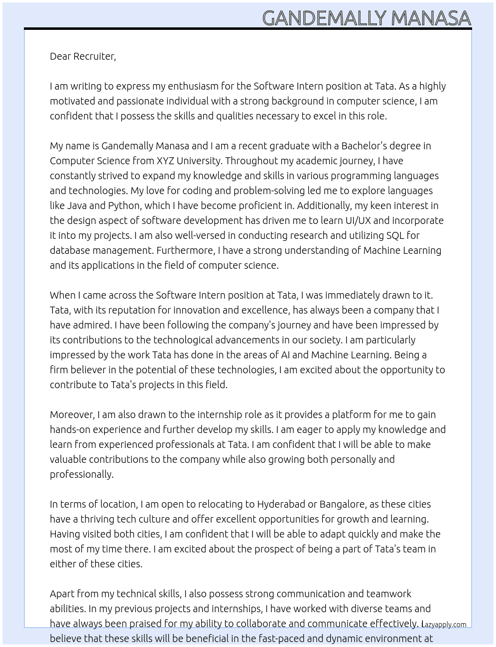 software intern  At Tata Cover Letter