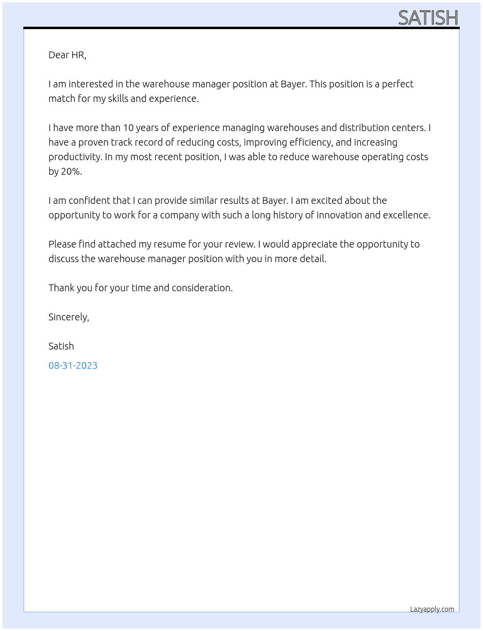warehouse manager At bayer Cover Letter
