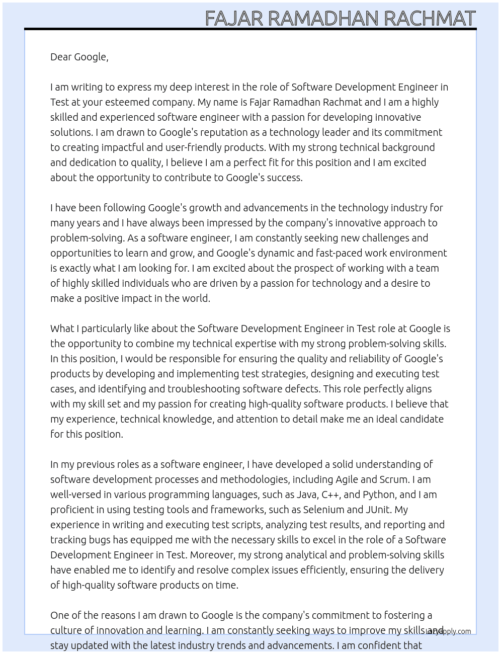 Software Development Engineer in Test At google Cover Letter