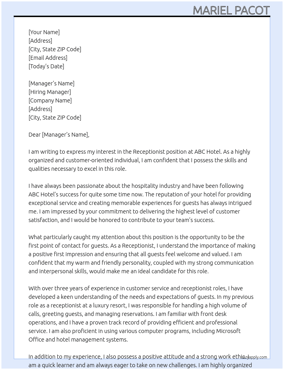 Receptionist  At ABC hotel Cover Letter