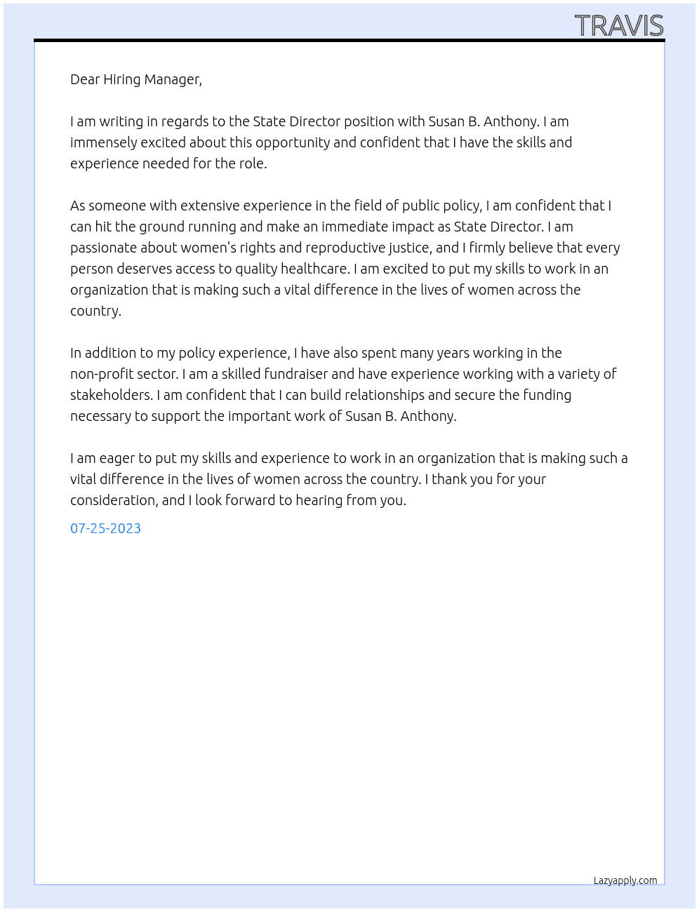 State Director At Susan B. Anthony Cover Letter