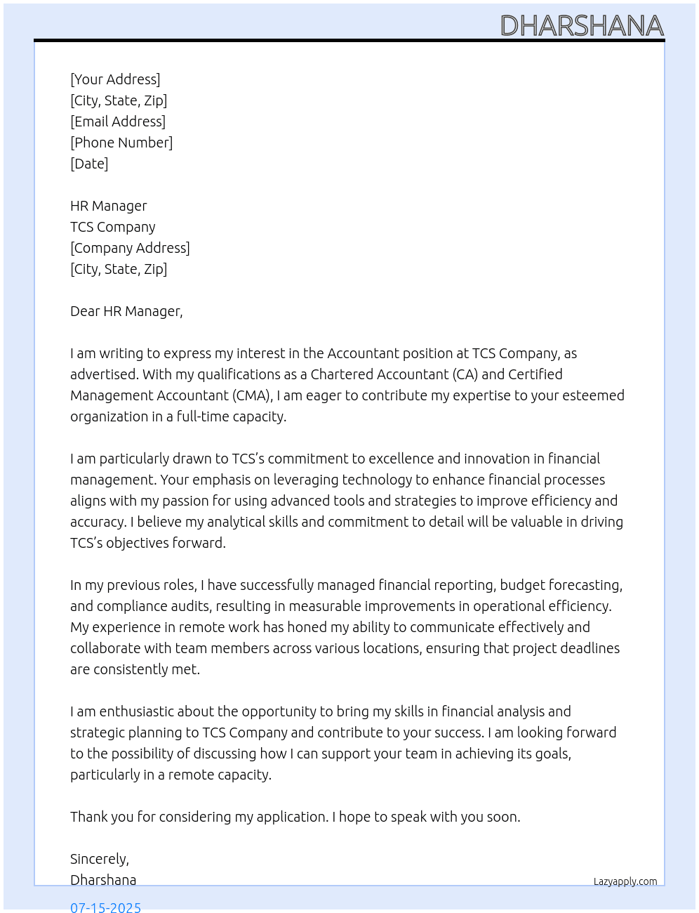 accountant At TCS company Cover Letter