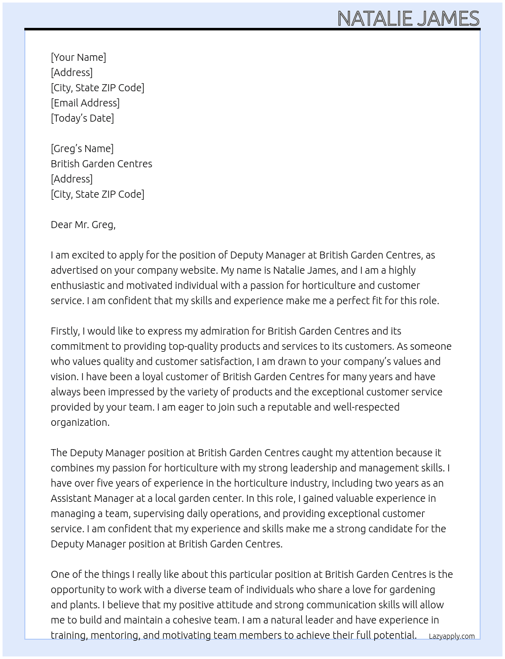 Deputy Manger At British Garden Centres Cover Letter