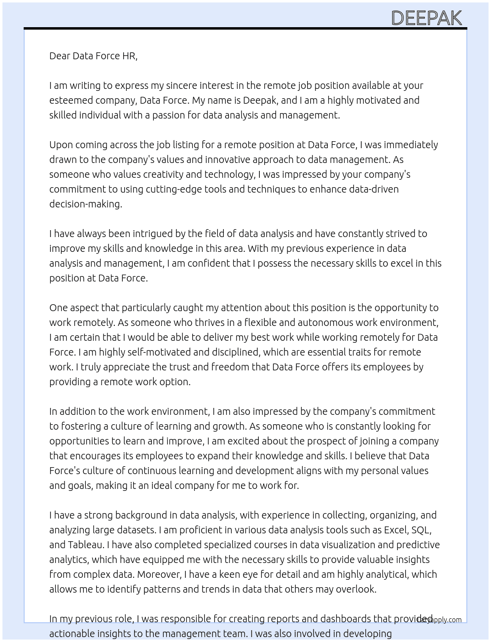 Remote job At Data Force  Cover Letter