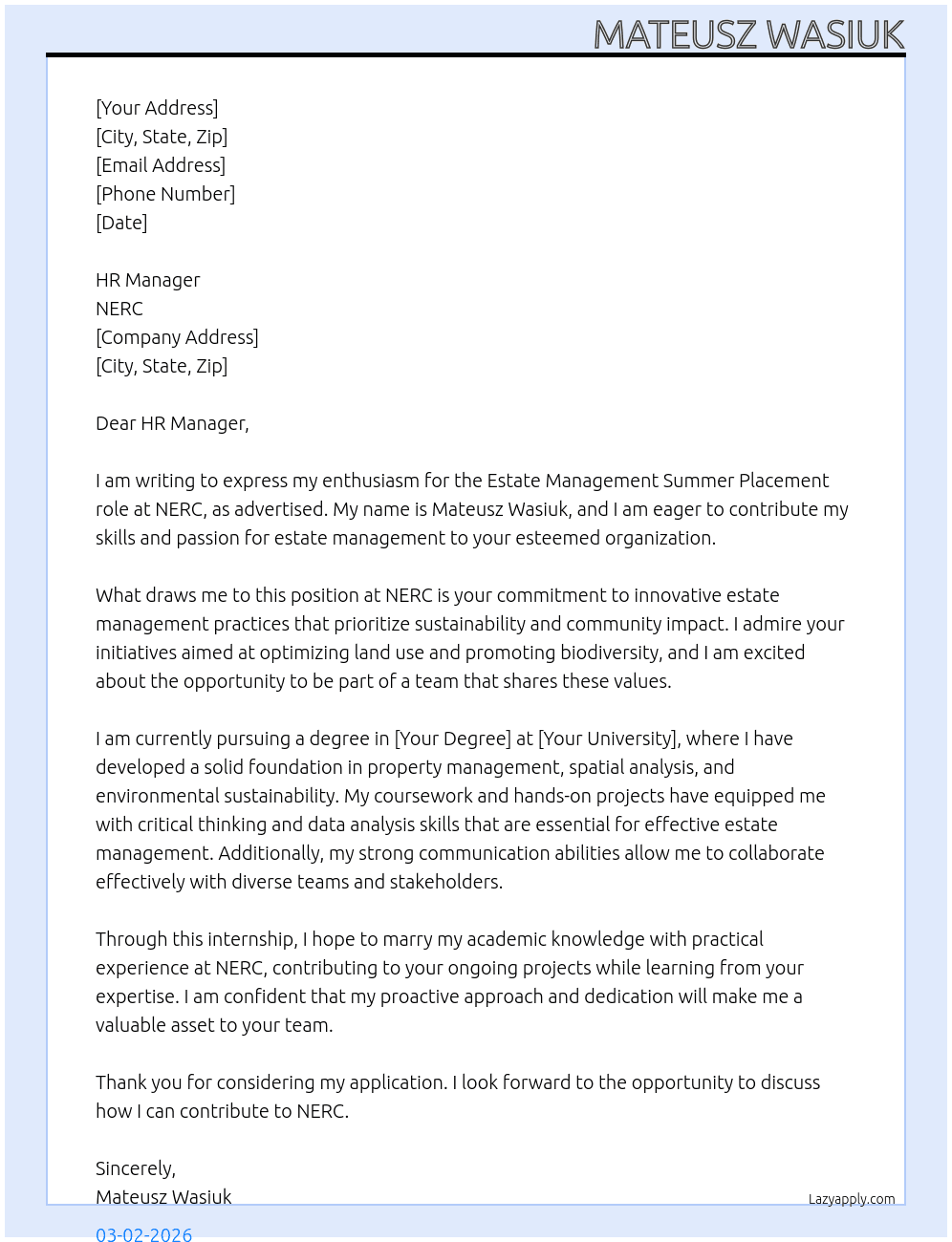 Summer Internship At NERC  Cover Letter