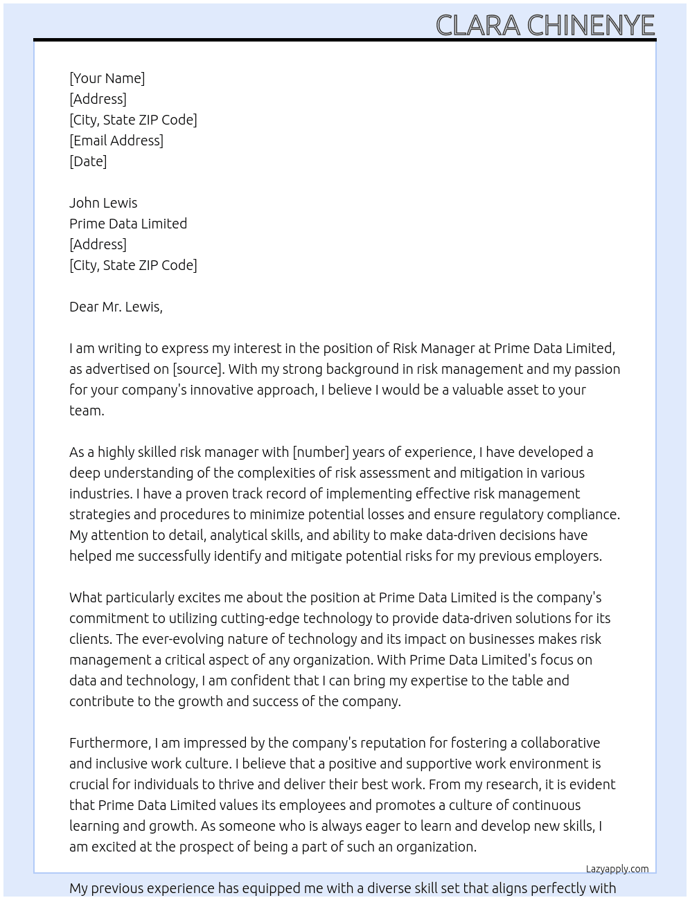Risk manager At Prime Data limited  Cover Letter