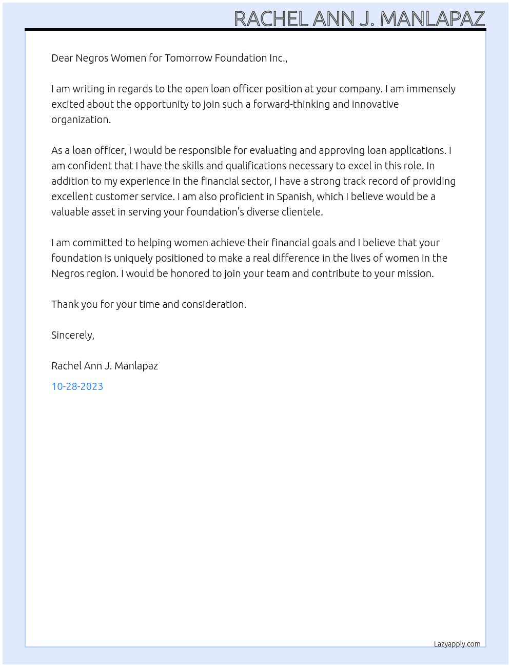 Loan officer At Negros Women for Tomorrow Foundation Inc. Cover Letter